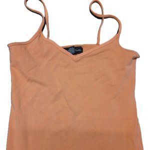 Medium tan spaghetti-strap tank top featuring spaghetti straps, sweetheart neck